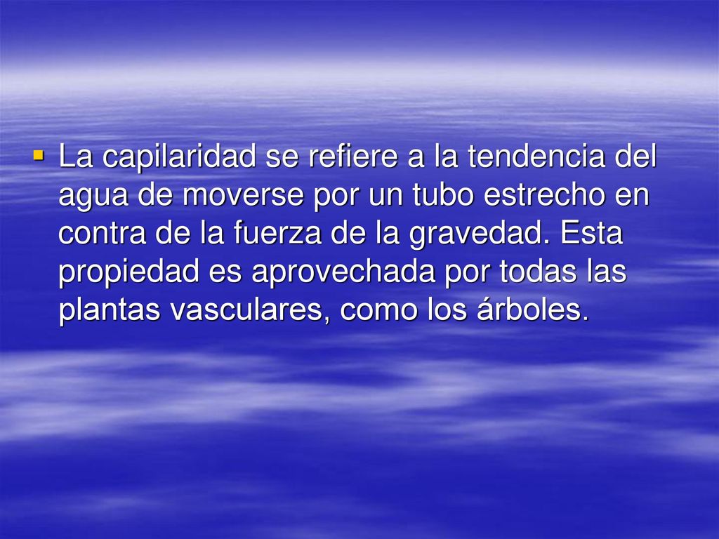 La capilaridad se refiere a la tendencia del agua de moverse por un tubo estrecho en contra de la fuerza de la gravedad.