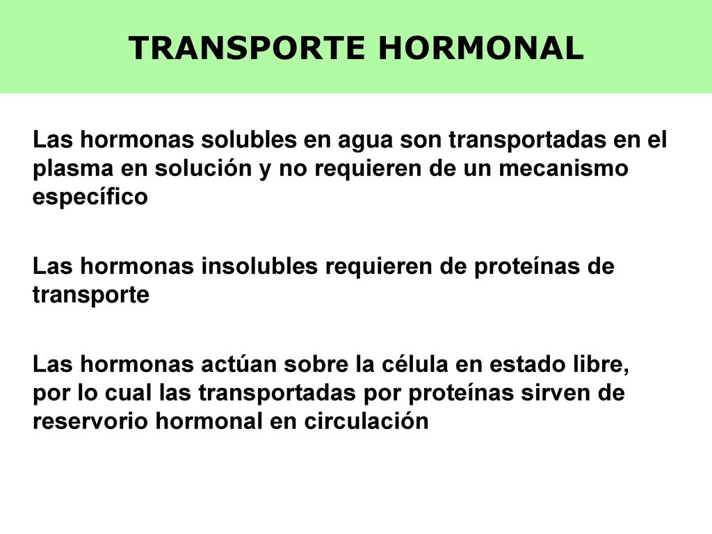 TRANSPORTE HORMONAL Las hormonas solubles en agua son transportadas en el plasma en solución y no requieren de un mecanismo específico.