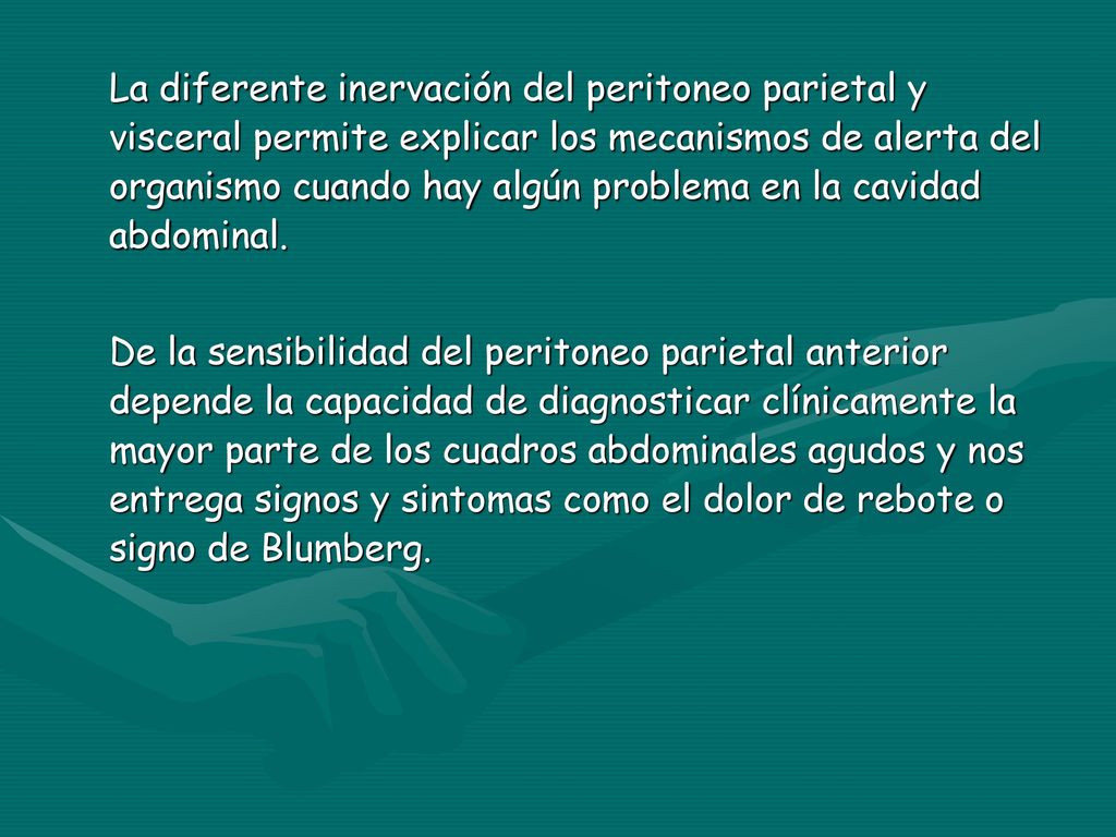 La diferente inervación del peritoneo parietal y visceral permite explicar los mecanismos de alerta del organismo cuando hay algún problema en la cavidad abdominal.