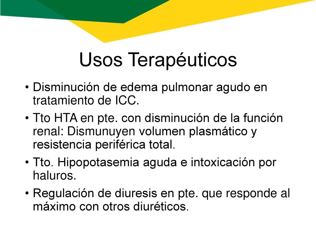 Usos Terapéuticos Disminución de edema pulmonar agudo en tratamiento de ICC.