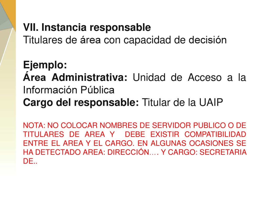VII. Instancia responsable Titulares de área con capacidad de decisión
