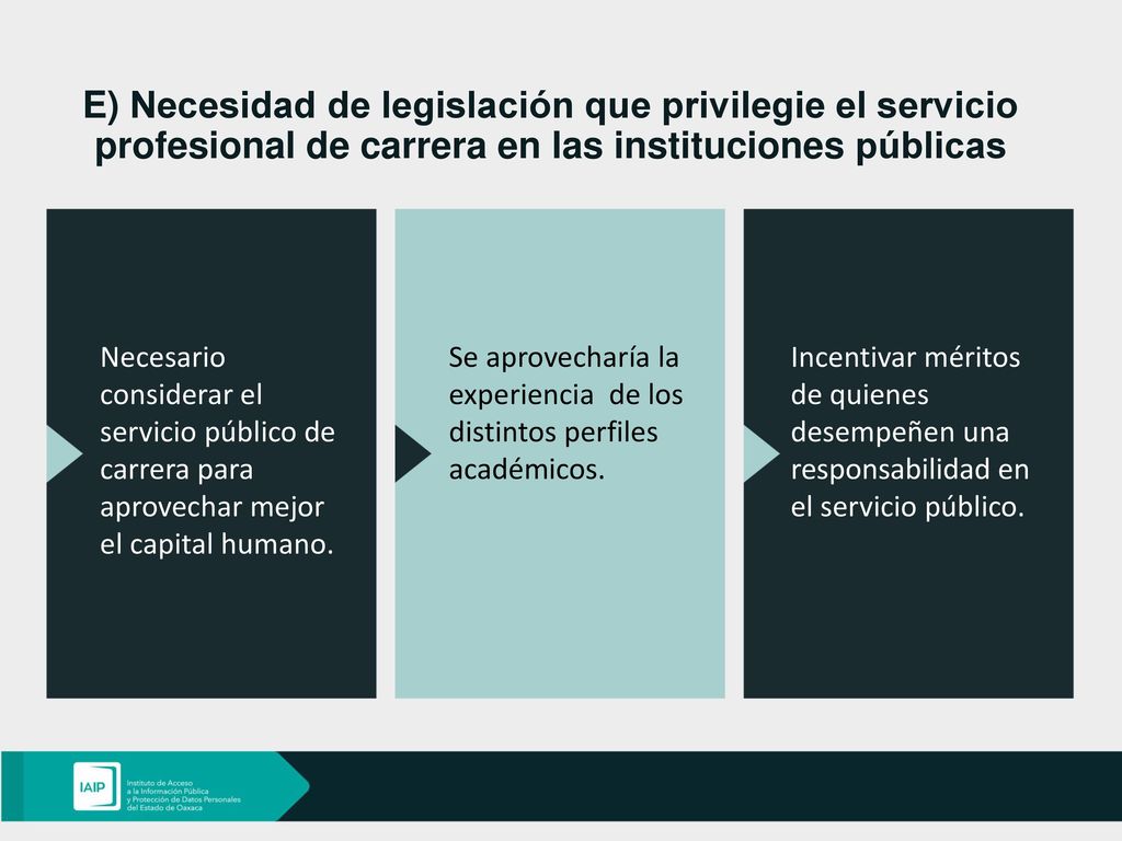 E) Necesidad de legislación que privilegie el servicio profesional de carrera en las instituciones públicas