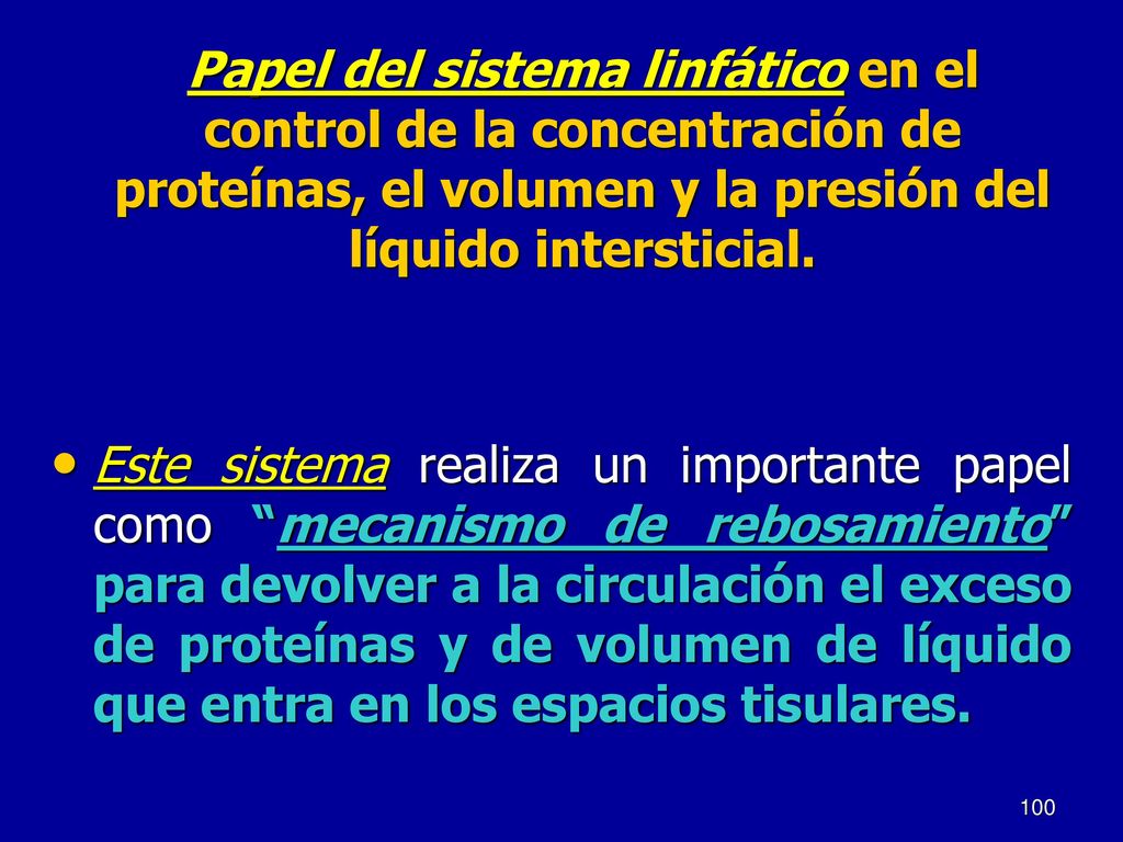 Papel del sistema linfático en el control de la concentración de proteínas, el volumen y la presión del líquido intersticial.