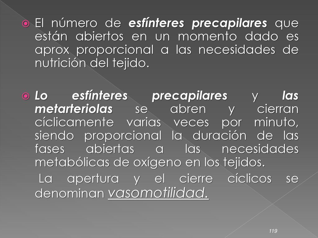 El número de esfínteres precapilares que están abiertos en un momento dado es aprox proporcional a las necesidades de nutrición del tejido.