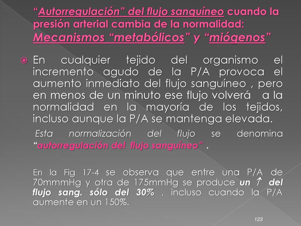 Autorregulación del flujo sanguíneo cuando la presión arterial cambia de la normalidad: Mecanismos metabólicos y miógenos
