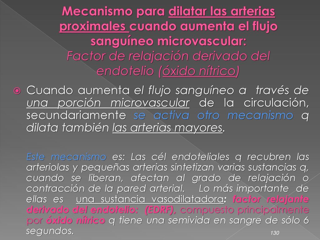 Mecanismo para dilatar las arterias proximales cuando aumenta el flujo sanguíneo microvascular: Factor de relajación derivado del endotelio (óxido nítrico)