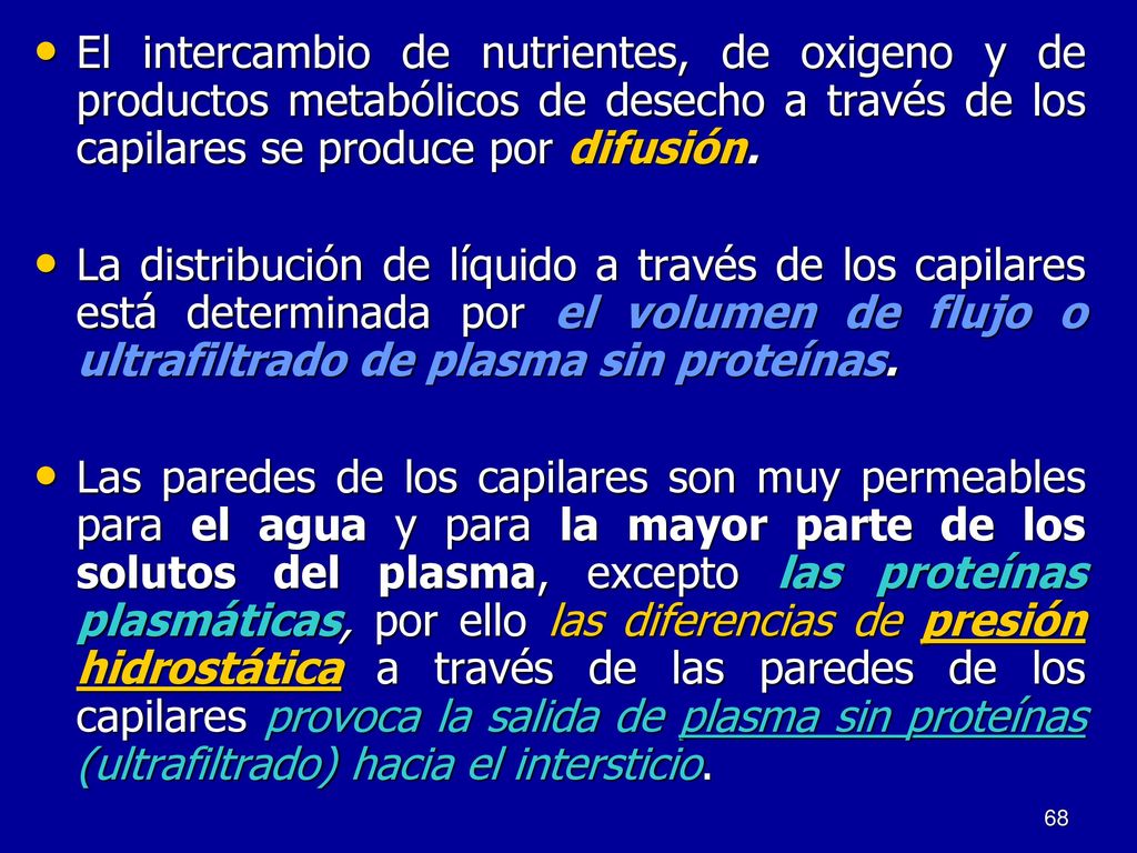 El intercambio de nutrientes, de oxigeno y de productos metabólicos de desecho a través de los capilares se produce por difusión.
