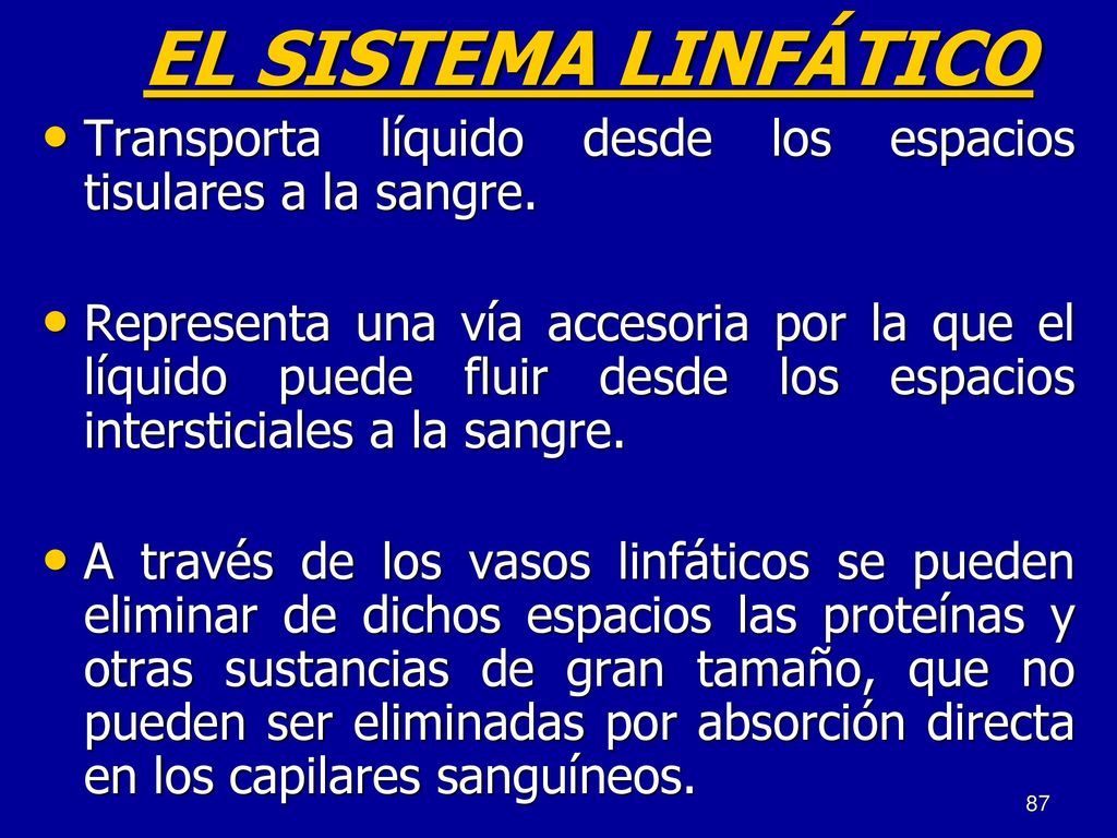 EL SISTEMA LINFÁTICO Transporta líquido desde los espacios tisulares a la sangre.