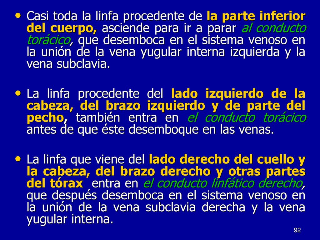 Casi toda la linfa procedente de la parte inferior del cuerpo, asciende para ir a parar al conducto torácico, que desemboca en el sistema venoso en la unión de la vena yugular interna izquierda y la vena subclavia.