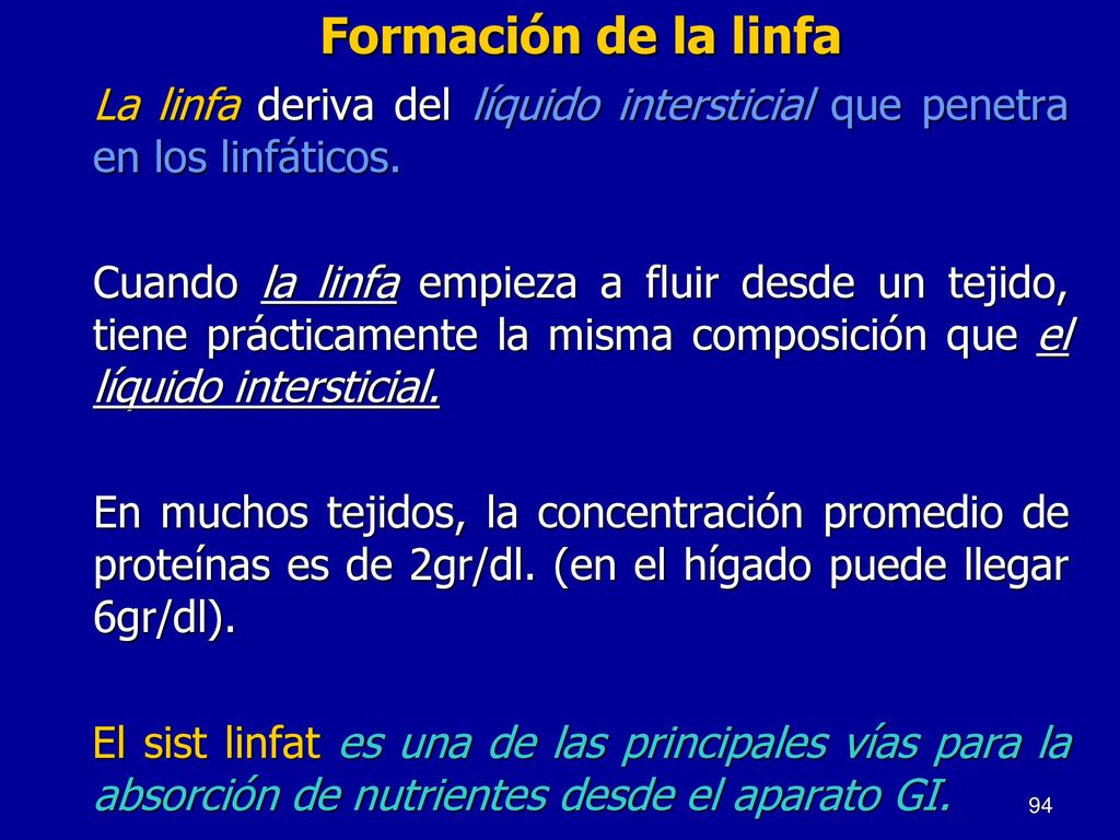 Formación de la linfa La linfa deriva del líquido intersticial que penetra en los linfáticos.