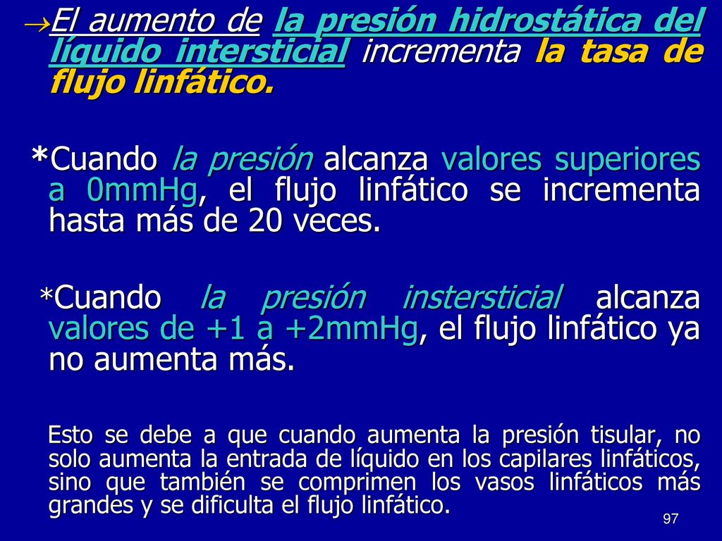 El aumento de la presión hidrostática del líquido intersticial incrementa la tasa de flujo linfático.