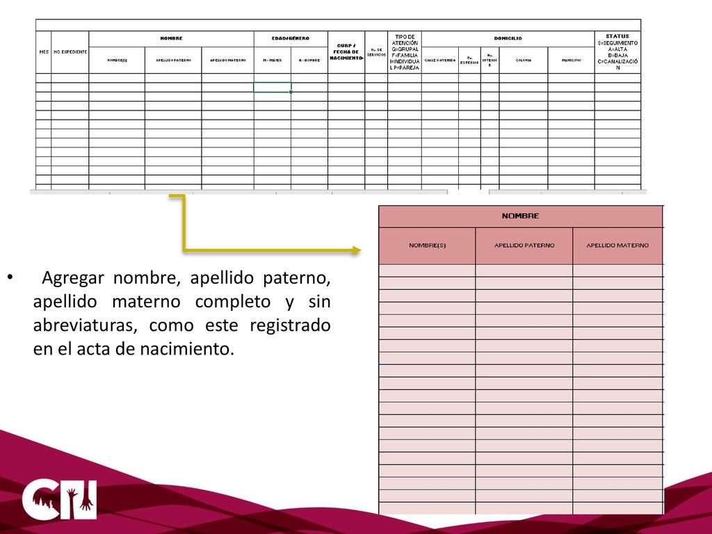 Agregar nombre, apellido paterno, apellido materno completo y sin abreviaturas, como este registrado en el acta de nacimiento.