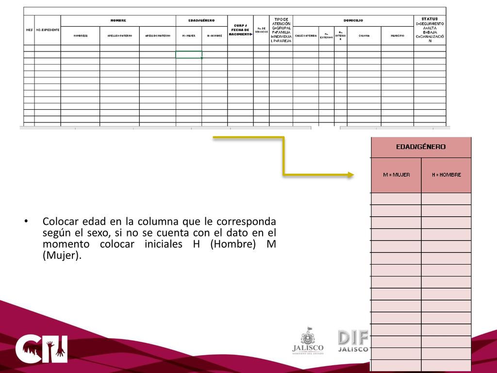 Colocar edad en la columna que le corresponda según el sexo, si no se cuenta con el dato en el momento colocar iniciales H (Hombre) M (Mujer).
