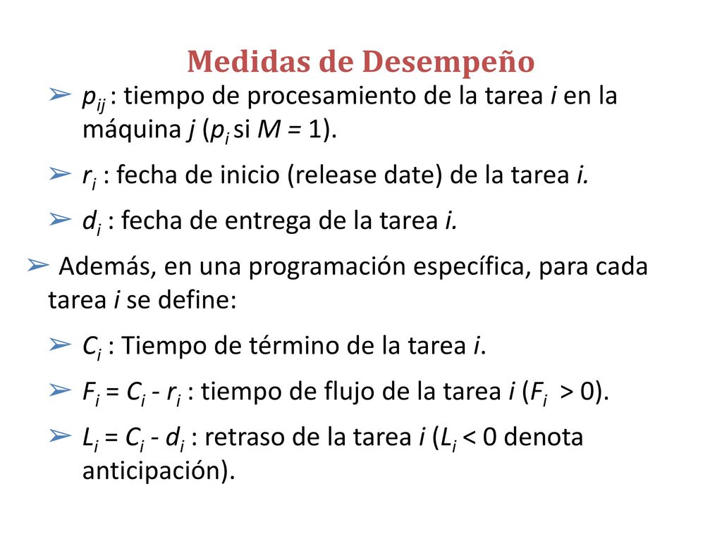 Medidas de Desempeño Ti = max {0, Li}: tardanza de la tarea i.