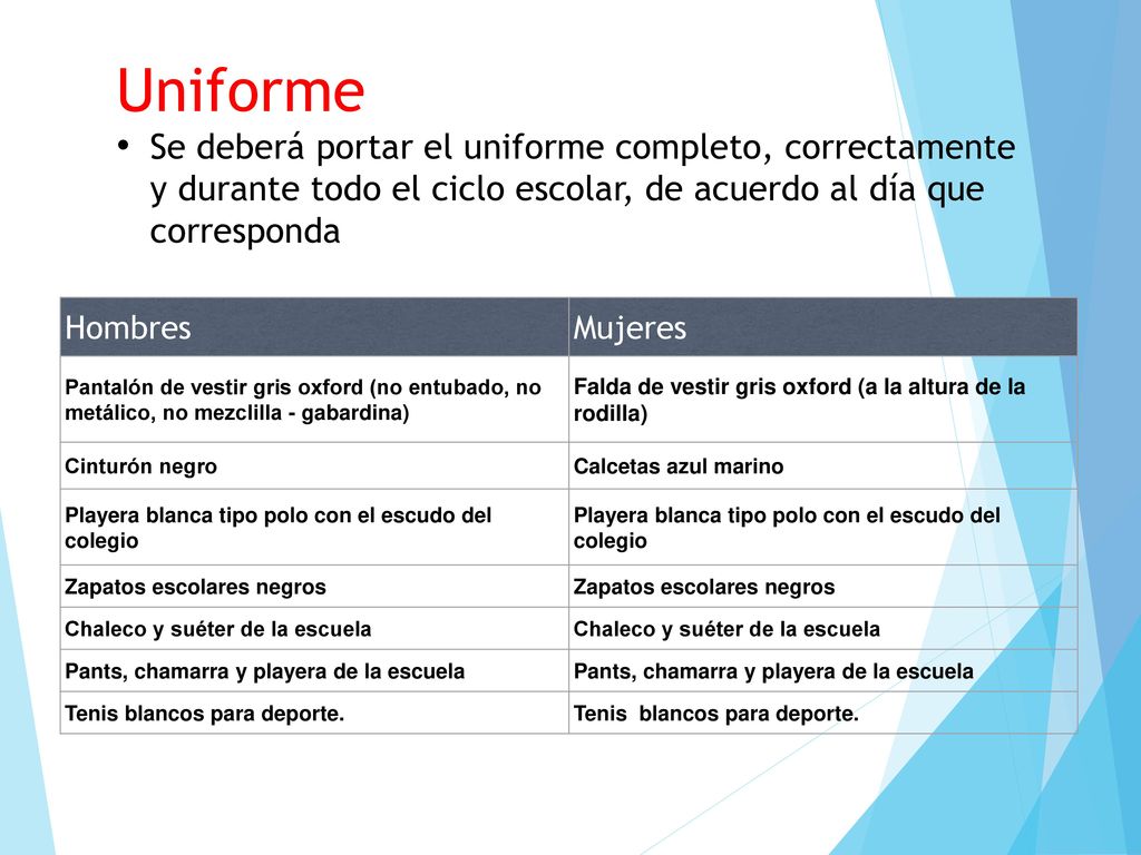 Uniforme Se deberá portar el uniforme completo, correctamente y durante todo el ciclo escolar, de acuerdo al día que corresponda.