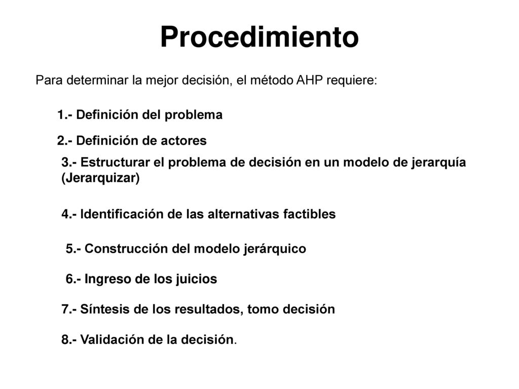 Procedimiento Para determinar la mejor decisión, el método AHP requiere: 1.- Definición del problema.