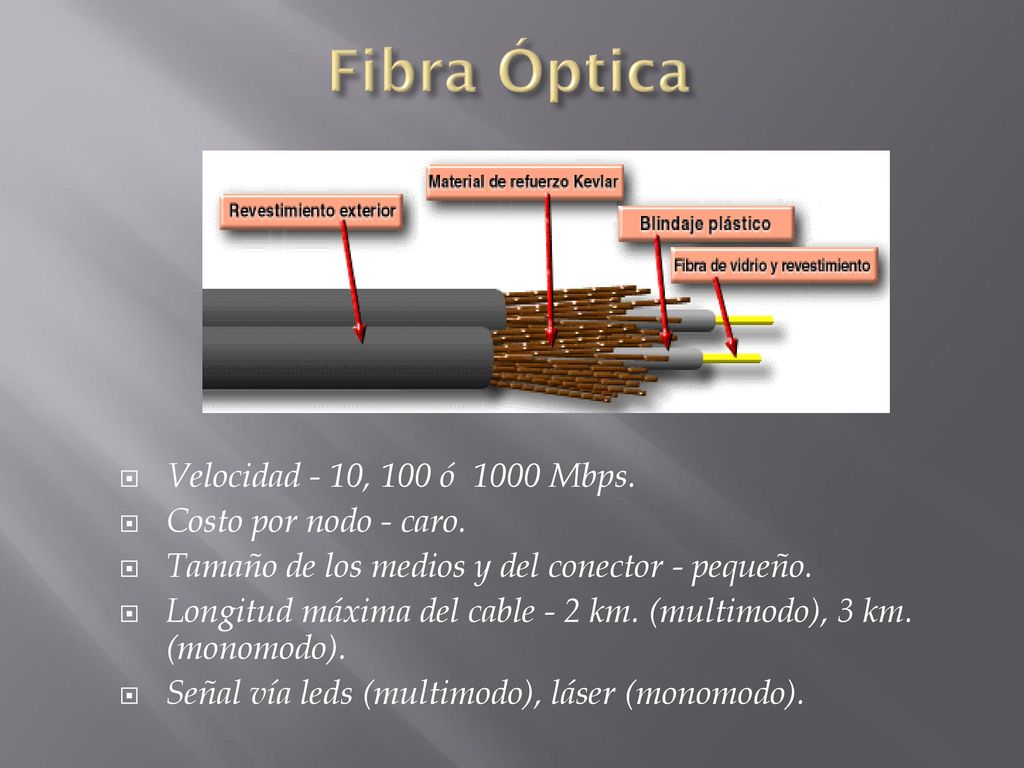 Fibra Óptica Velocidad - 10, 100 ó 1000 Mbps. Costo por nodo - caro.