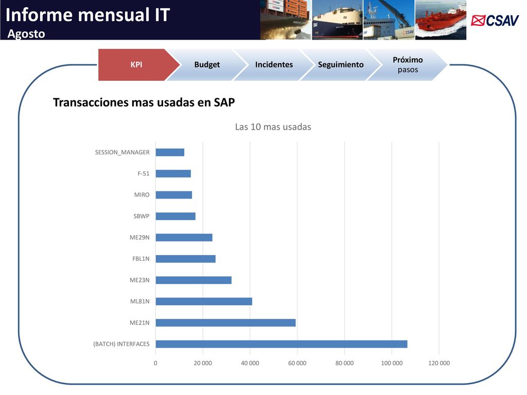 Informe mensual IT Agosto Transacciones mas usadas en SAP KPI Budget