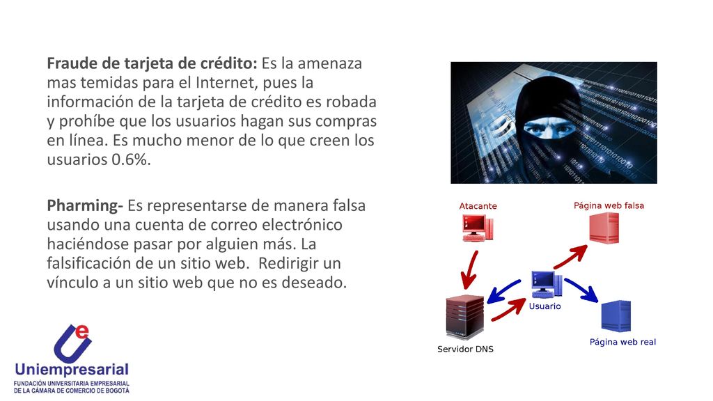 Fraude de tarjeta de crédito: Es la amenaza mas temidas para el Internet, pues la información de la tarjeta de crédito es robada y prohíbe que los usuarios hagan sus compras en línea.