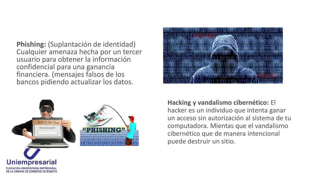 Phishing: (Suplantación de identidad) Cualquier amenaza hecha por un tercer usuario para obtener la información confidencial para una ganancia financiera. (mensajes falsos de los bancos pidiendo actualizar los datos.