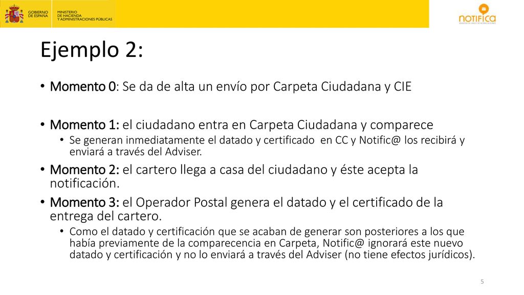 Ejemplo 2: Momento 0: Se da de alta un envío por Carpeta Ciudadana y CIE. Momento 1: el ciudadano entra en Carpeta Ciudadana y comparece.