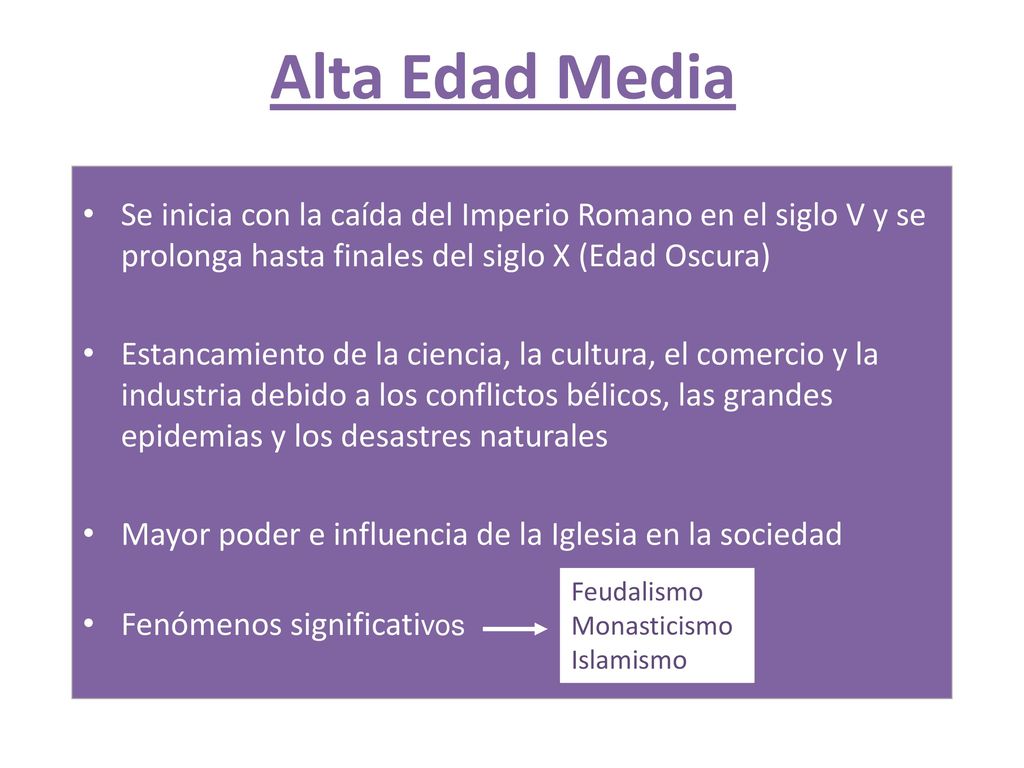 Alta Edad Media Se inicia con la caída del Imperio Romano en el siglo V y se prolonga hasta finales del siglo X (Edad Oscura)
