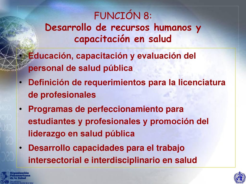 FUNCIÓN 8: Desarrollo de recursos humanos y capacitación en salud