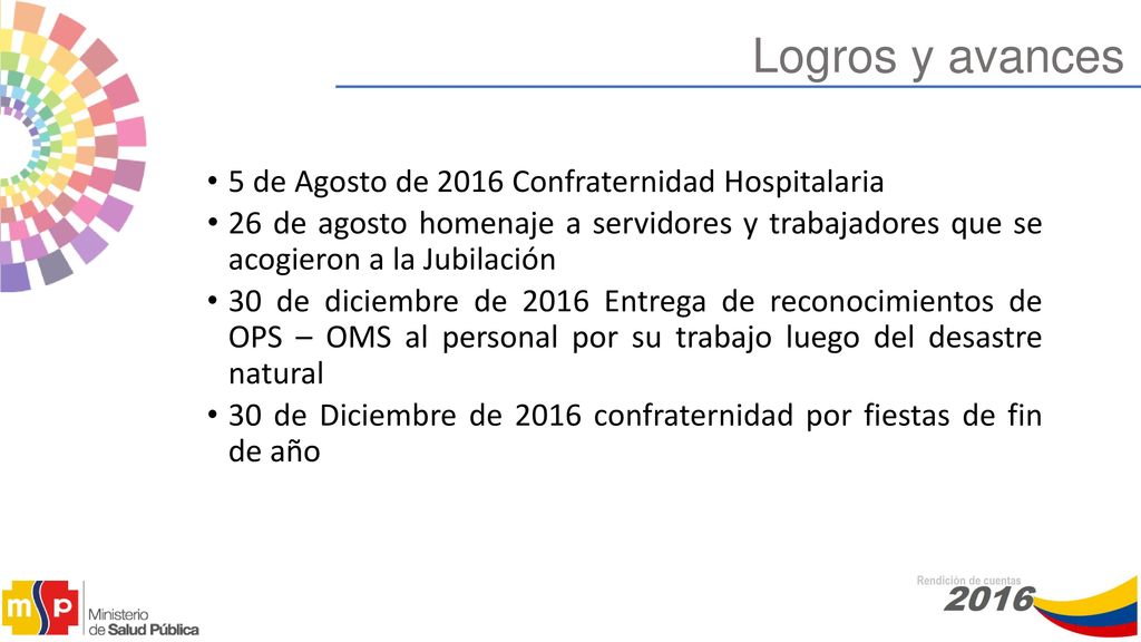 Logros y avances 5 de Agosto de 2016 Confraternidad Hospitalaria