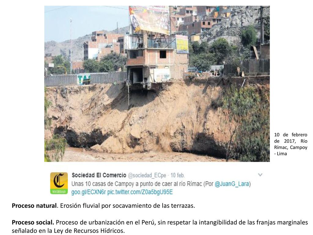 Proceso natural. Erosión fluvial por socavamiento de las terrazas.