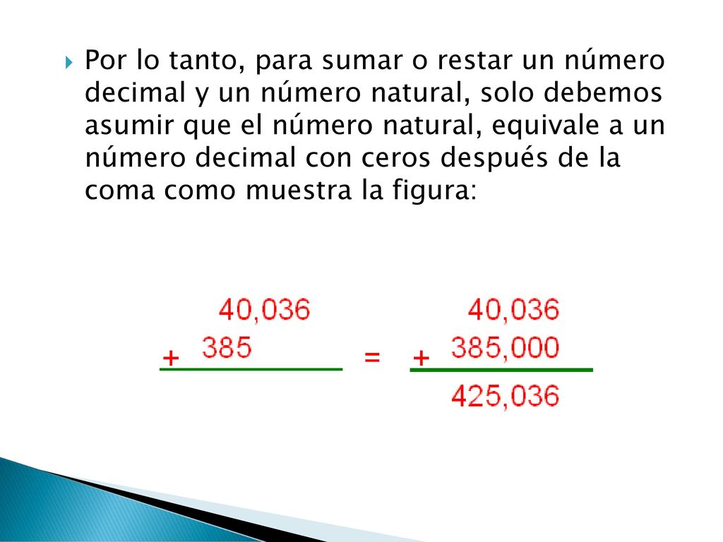 Por lo tanto, para sumar o restar un número decimal y un número natural, solo debemos asumir que el número natural, equivale a un número decimal con ceros después de la coma como muestra la figura: