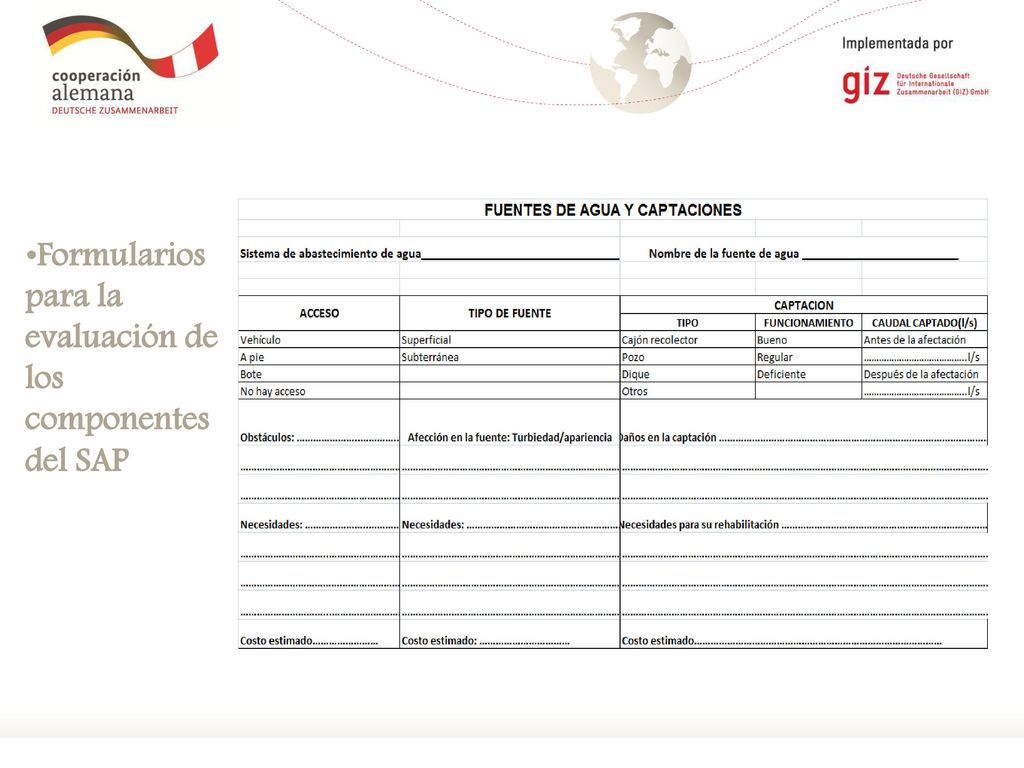 Formularios para la evaluación de los componentes del SAP
