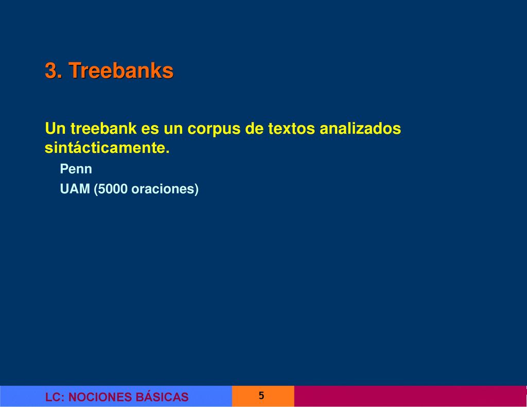 3. Treebanks Un treebank es un corpus de textos analizados sintácticamente.