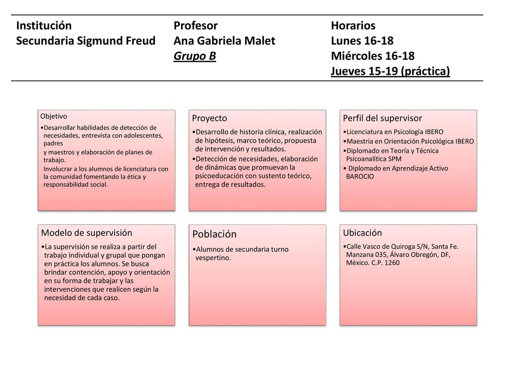 Secundaria Sigmund Freud Profesor Ana Gabriela Malet Grupo B Horarios