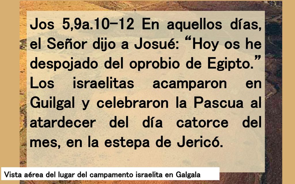 Jos 5,9a En aquellos días, el Señor dijo a Josué: Hoy os he despojado del oprobio de Egipto. Los israelitas acamparon en Guilgal y celebraron la Pascua al atardecer del día catorce del mes, en la estepa de Jericó.