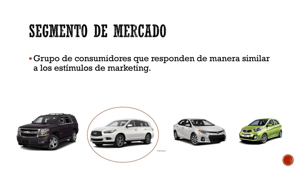 Segmento de mercado Grupo de consumidores que responden de manera similar a los estímulos de marketing.