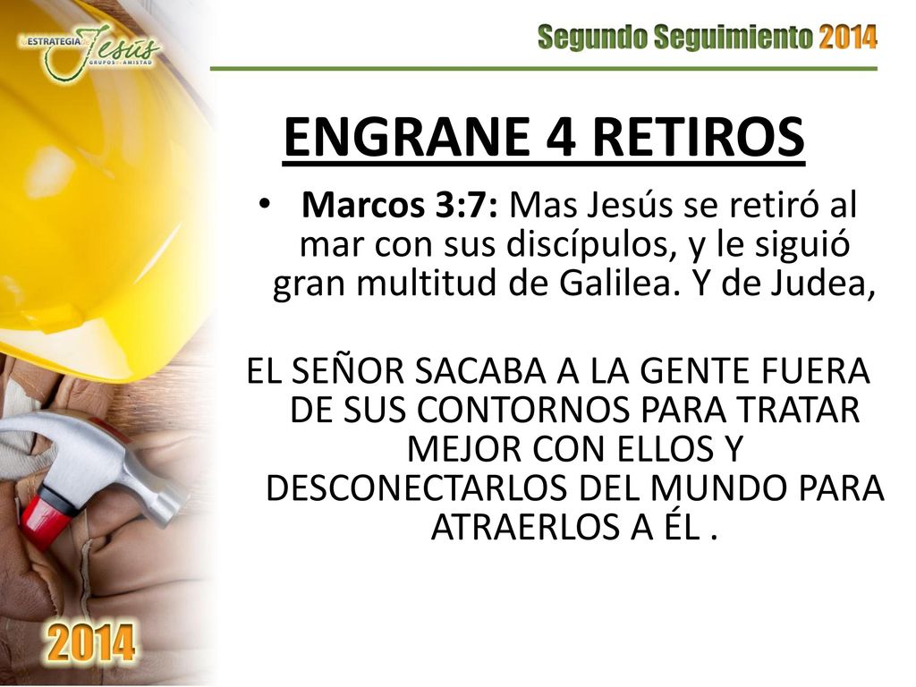 ENGRANE 4 RETIROS Marcos 3:7: Mas Jesús se retiró al mar con sus discípulos, y le siguió gran multitud de Galilea. Y de Judea,