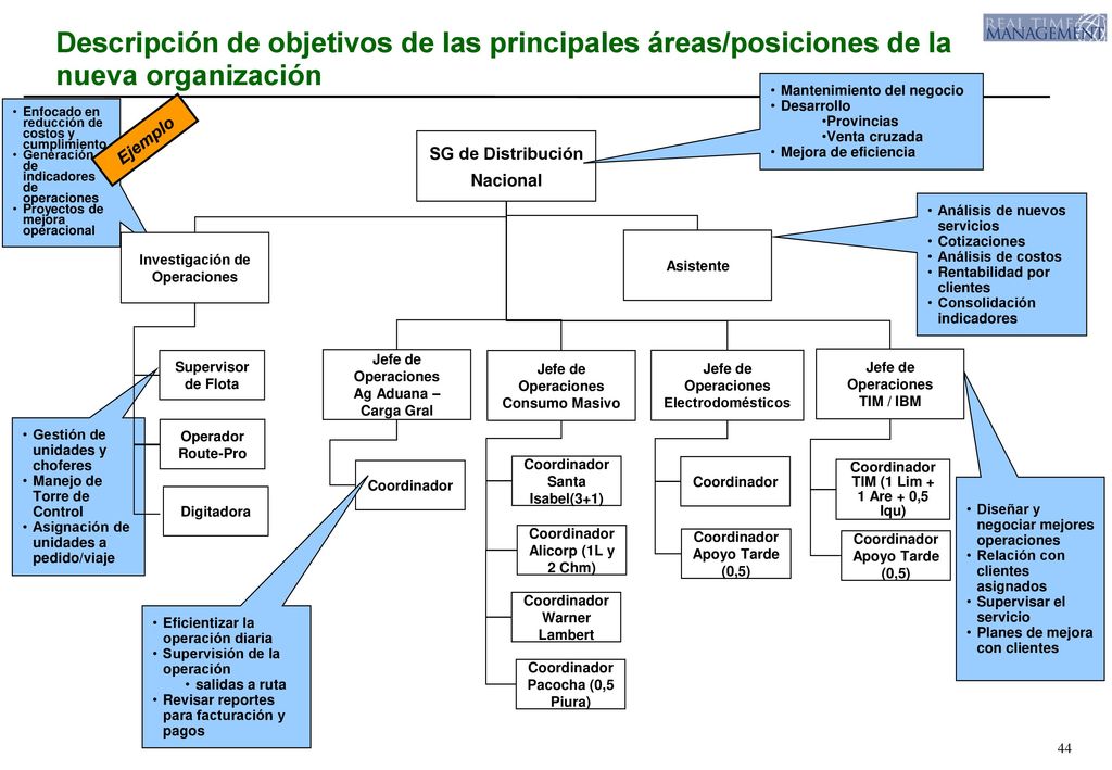 Descripción de objetivos de las principales áreas/posiciones de la nueva organización