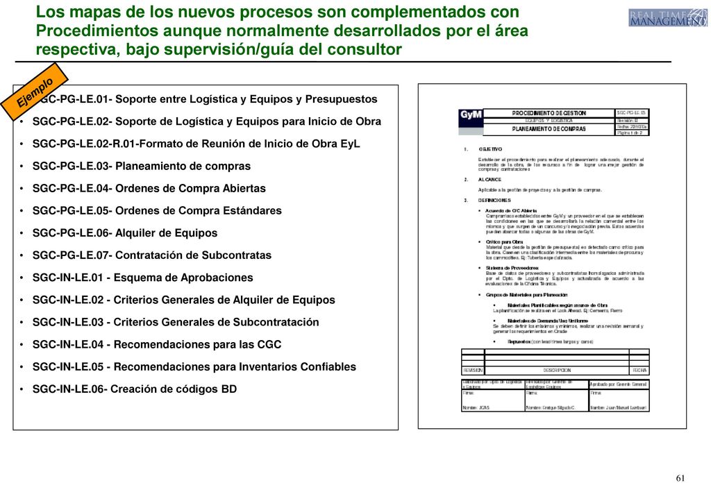 Los mapas de los nuevos procesos son complementados con Procedimientos aunque normalmente desarrollados por el área respectiva, bajo supervisión/guía del consultor