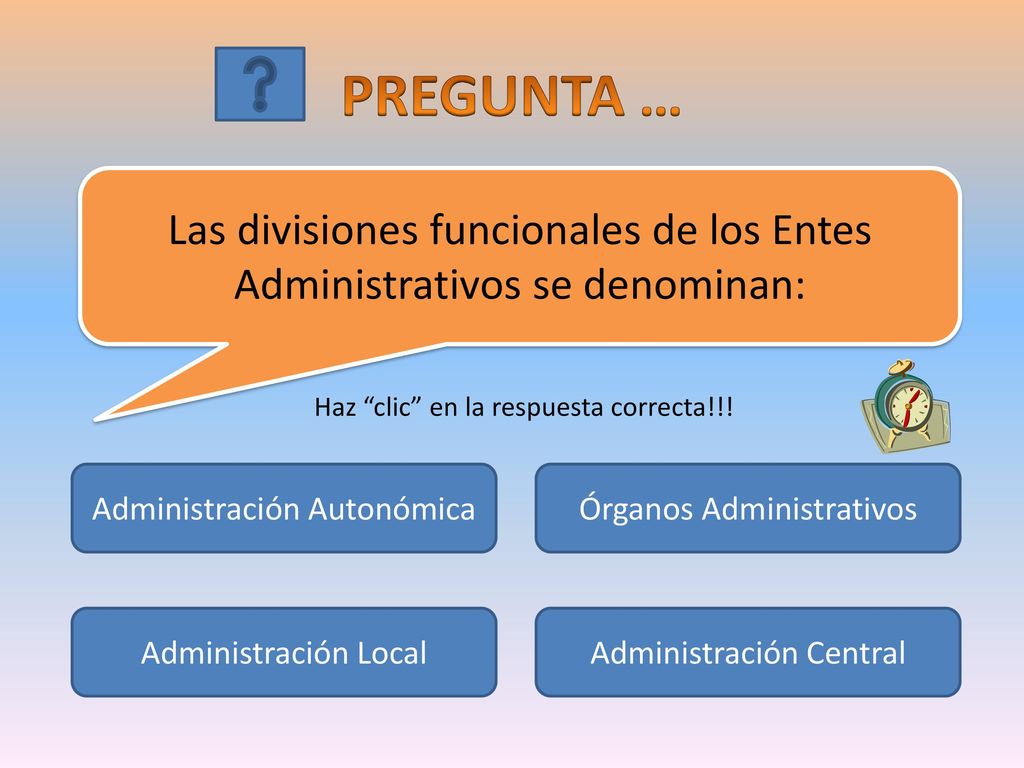 PREGUNTA … Las divisiones funcionales de los Entes Administrativos se denominan: Haz clic en la respuesta correcta!!!