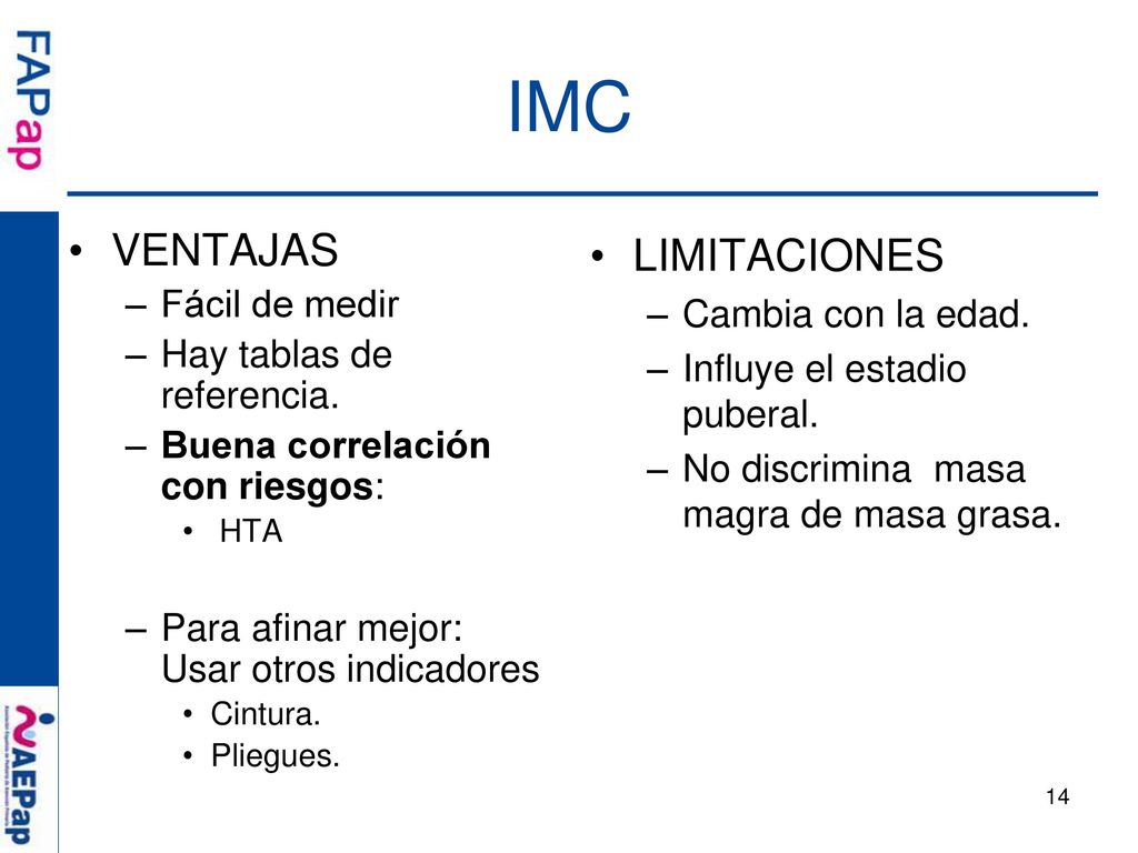 IMC VENTAJAS LIMITACIONES Fácil de medir Cambia con la edad.