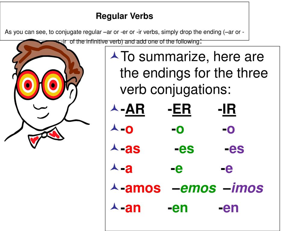 To summarize, here are the endings for the three verb conjugations: