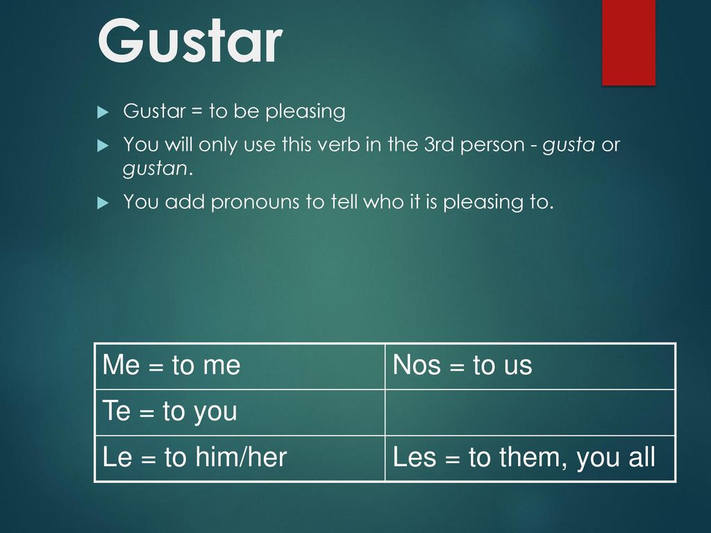 Gustar Me = to me Nos = to us Te = to you Le = to him/her