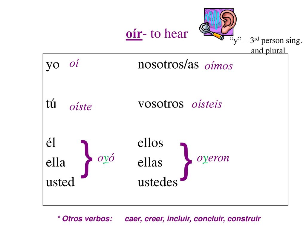 oír- to hear y – 3rd person sing. and plural. yo nosotros/as tú vosotros él ellos ella ellas usted ustedes