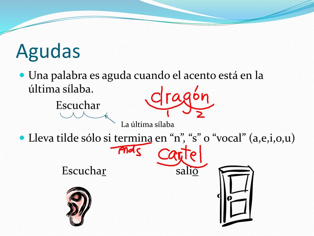 Agudas Una palabra es aguda cuando el acento está en la última sílaba.