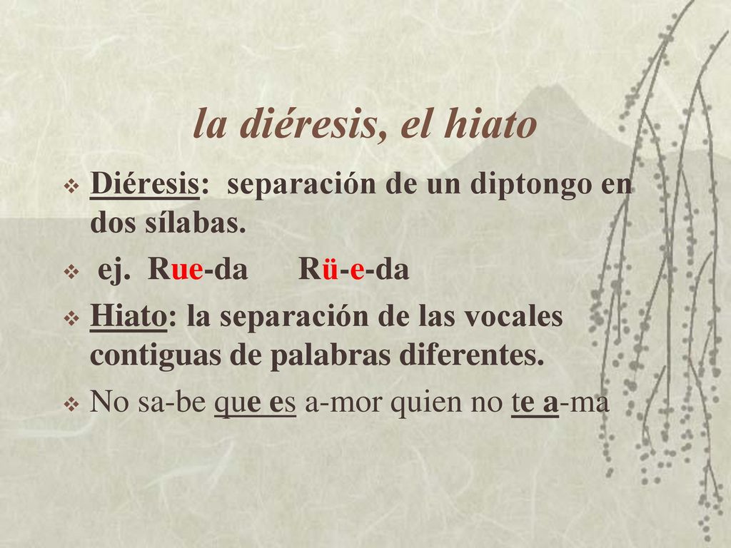la diéresis, el hiato Diéresis: separación de un diptongo en dos sílabas. ej. Rue-da Rü-e-da.
