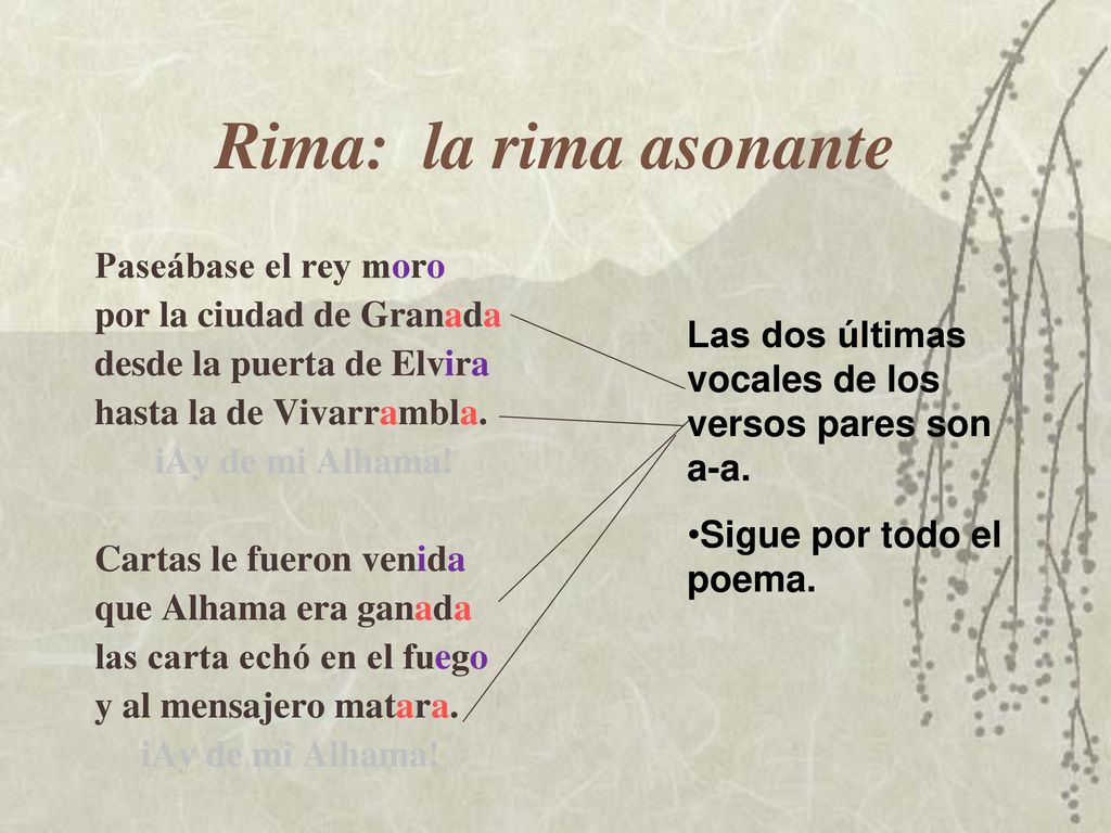 Rima: la rima asonante Paseábase el rey moro por la ciudad de Granada