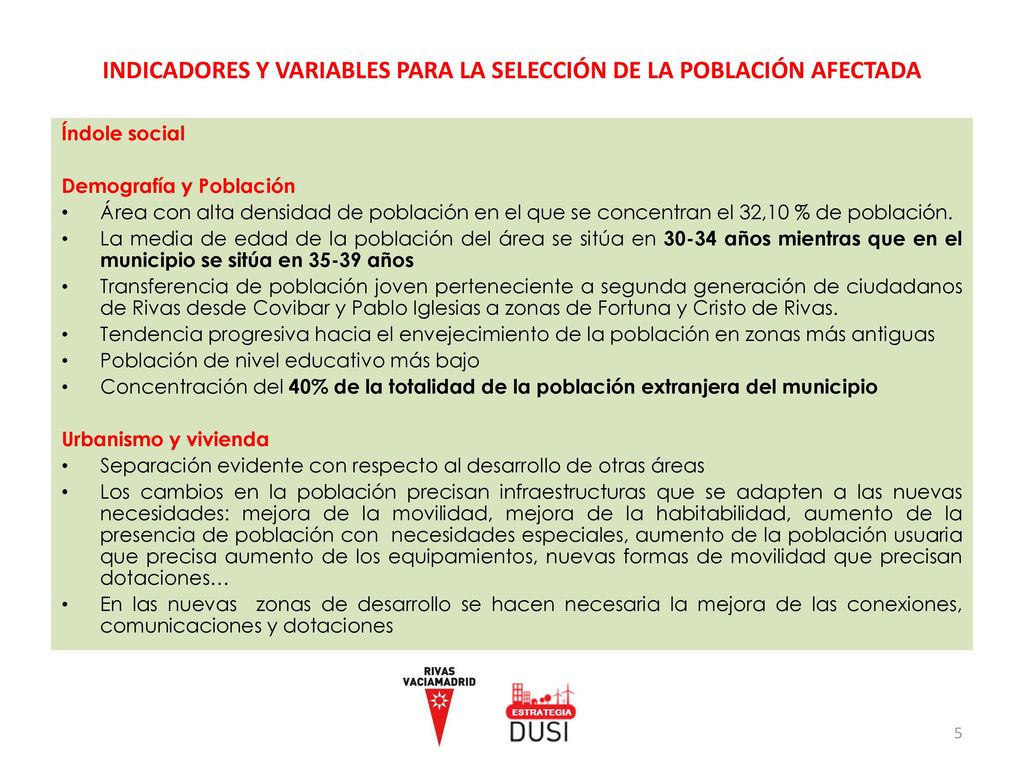 INDICADORES Y VARIABLES PARA LA SELECCIÓN DE LA POBLACIÓN AFECTADA