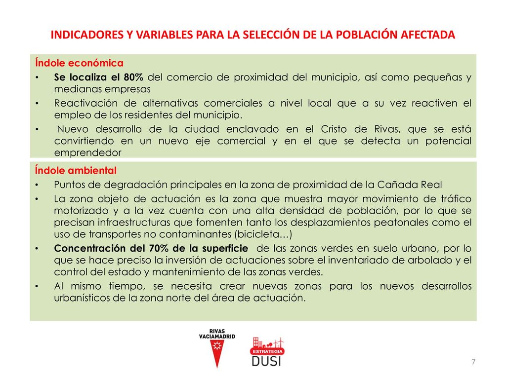 INDICADORES Y VARIABLES PARA LA SELECCIÓN DE LA POBLACIÓN AFECTADA
