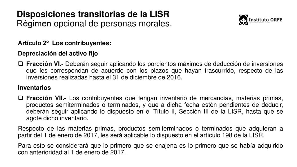 Disposiciones transitorias de la LISR Régimen opcional de personas morales.