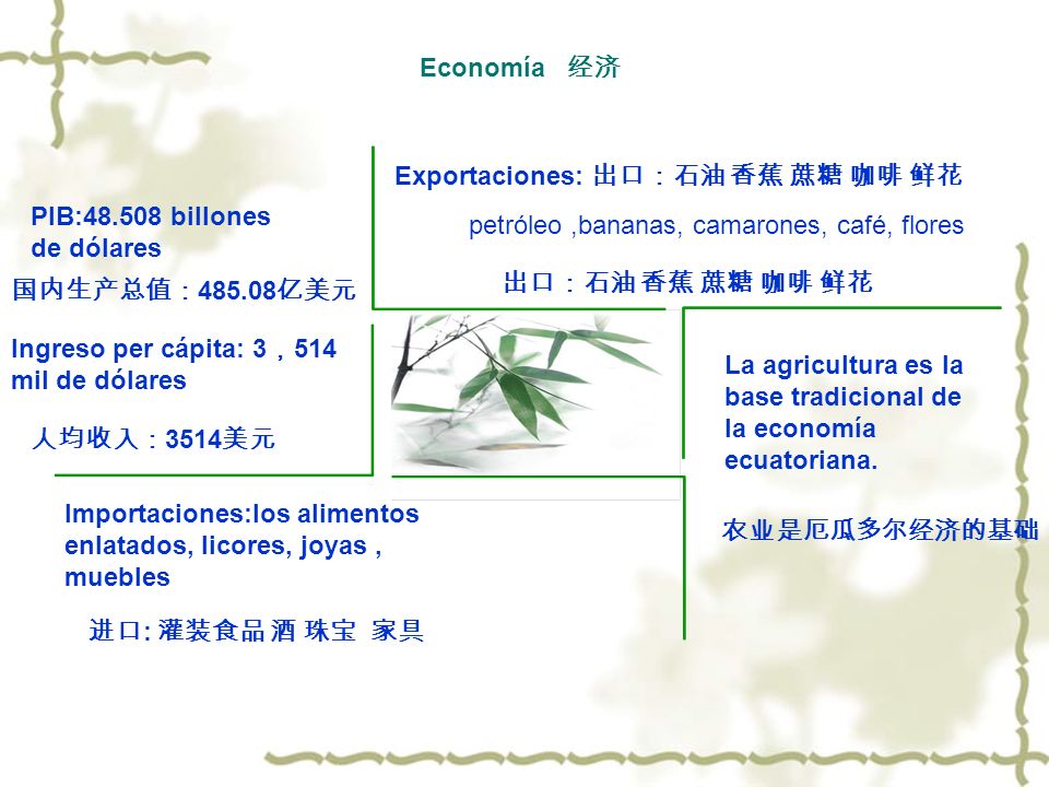 Economía 经济 Exportaciones: 出口：石油 香蕉 蔗糖 咖啡 鲜花. PIB: billones de dólares. petróleo ,bananas, camarones, café, flores.